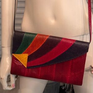 80’s RAINBOW RED CROSSBODY BAG PURSE by RUSH HOUR Leather? Snake????